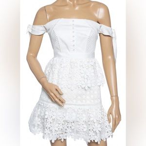 Self Portrait White Guipure Lace Tiered Off Shoulder Mini Dress